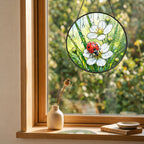 Ladybug & Wild Strawberry Flower Stained Glass Suncatcher