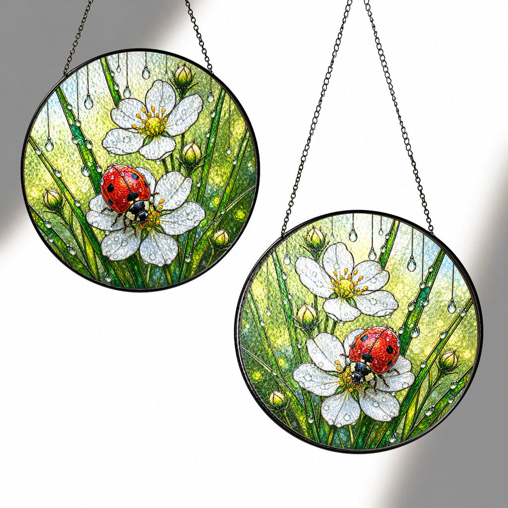 Ladybug & Wild Strawberry Flower Stained Glass Suncatcher
