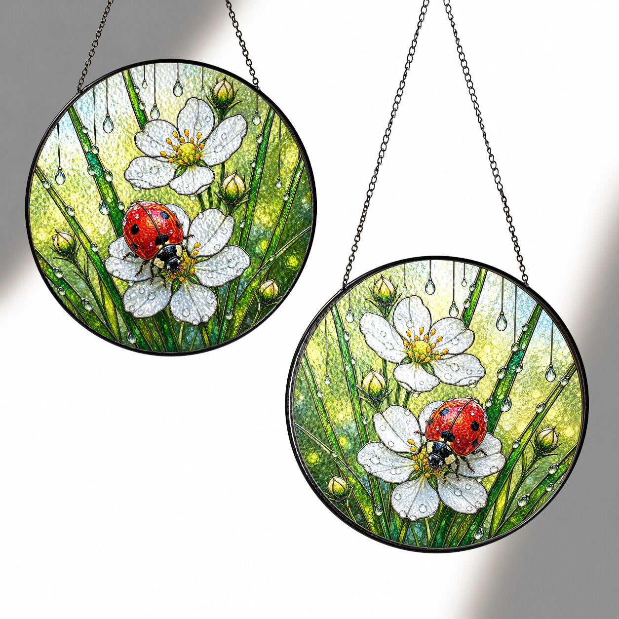 Ladybug & Wild Strawberry Flower Stained Glass Suncatcher
