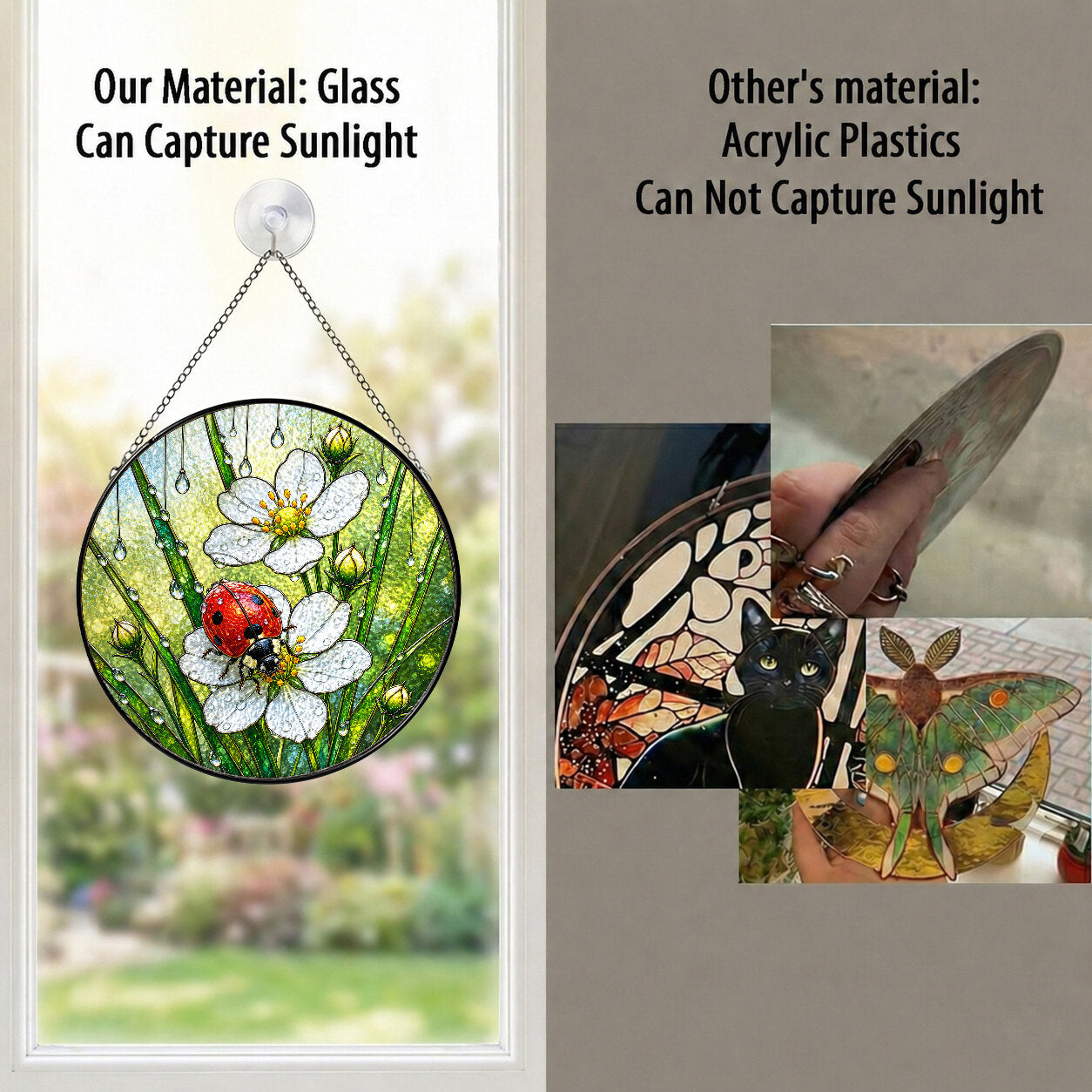Ladybug & Wild Strawberry Flower Stained Glass Suncatcher