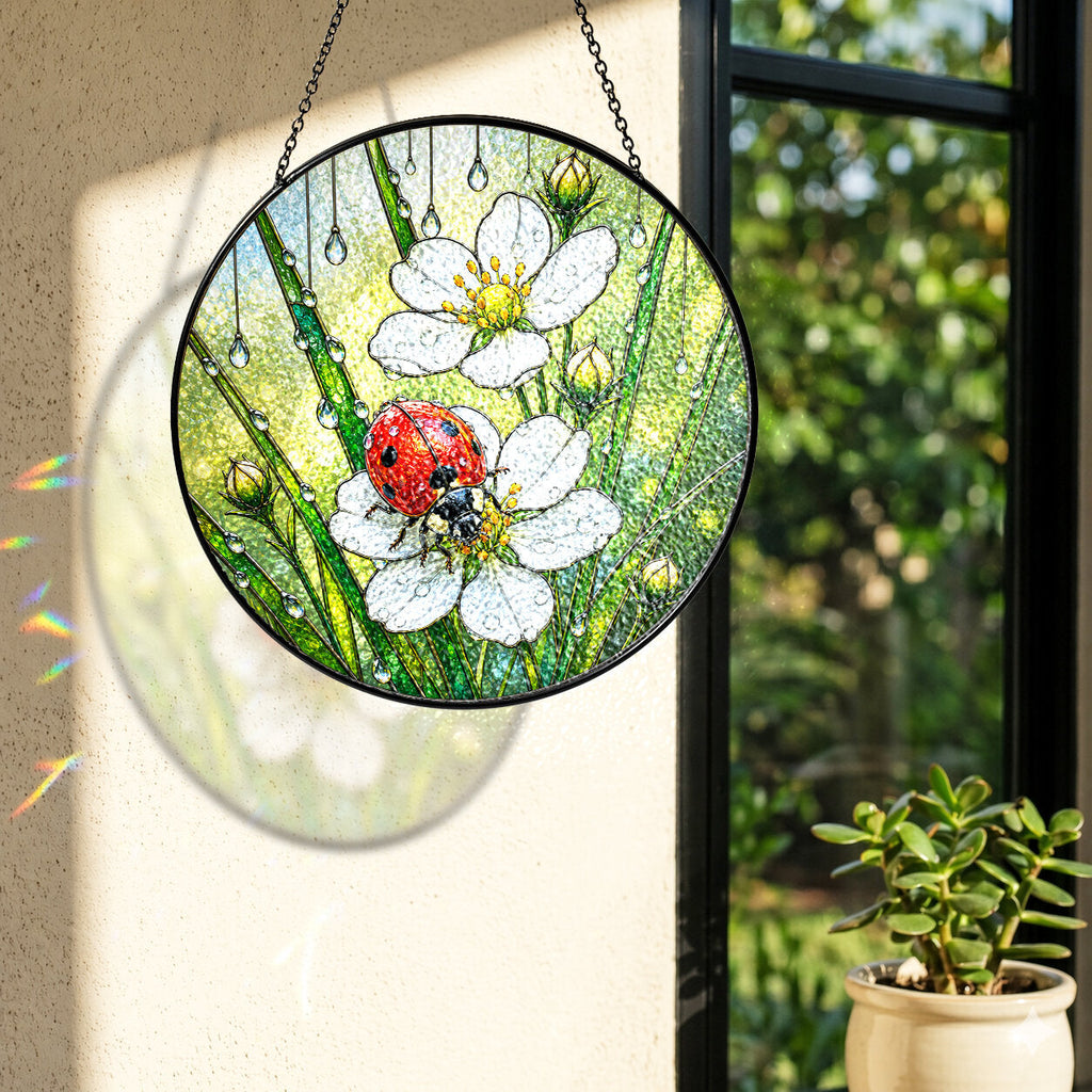 Ladybug & Wild Strawberry Flower Stained Glass Suncatcher
