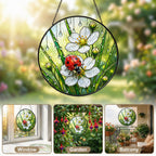 Ladybug & Wild Strawberry Flower Stained Glass Suncatcher