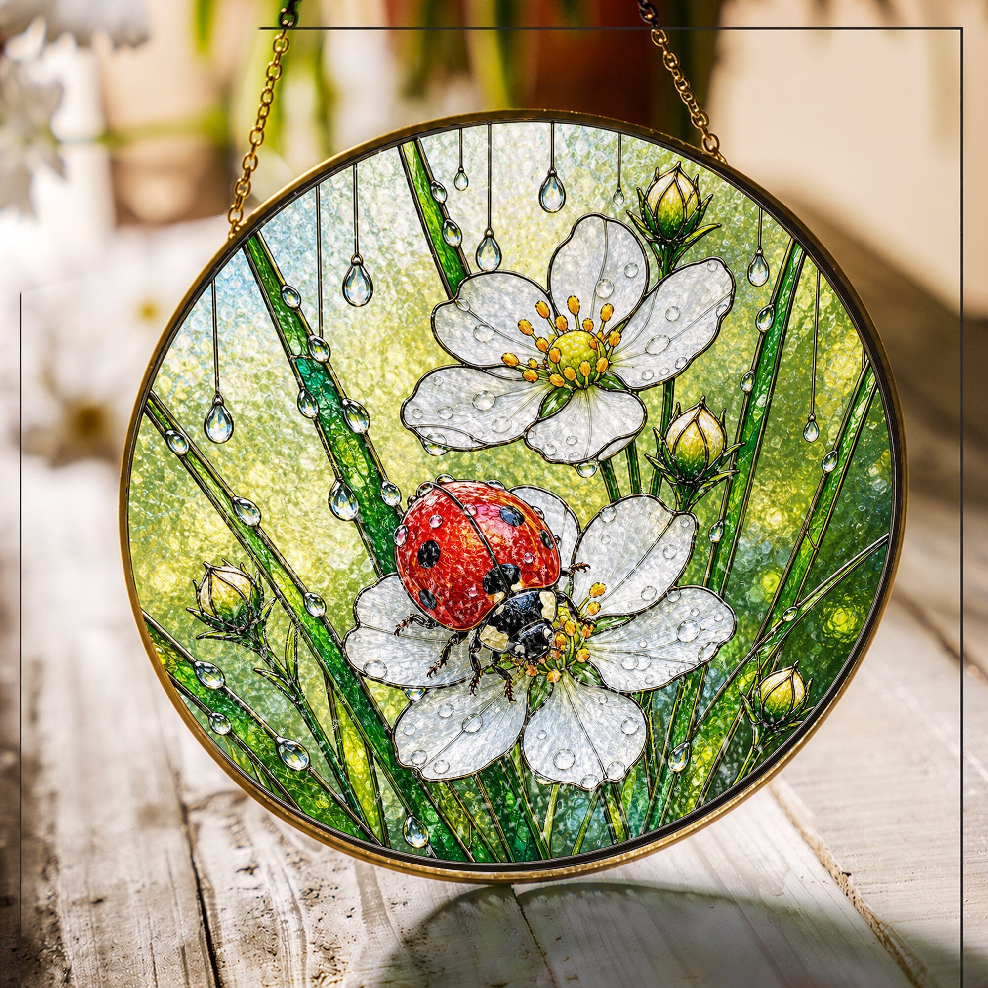 Ladybug & Wild Strawberry Flower Stained Glass Suncatcher