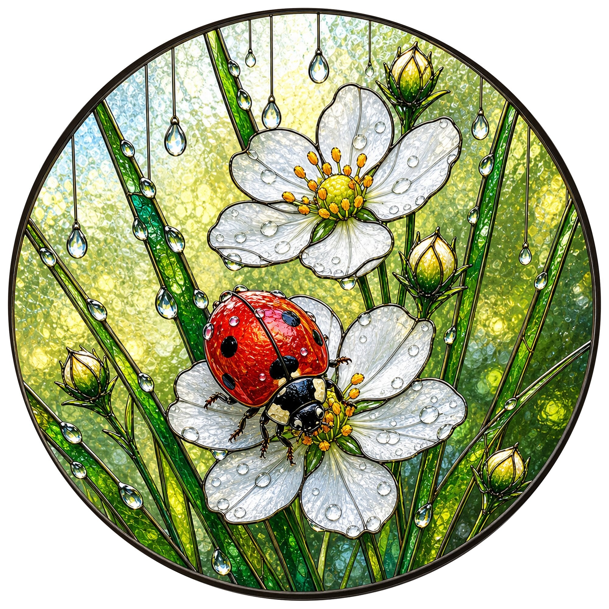 Ladybug & Wild Strawberry Flower Stained Glass Suncatcher