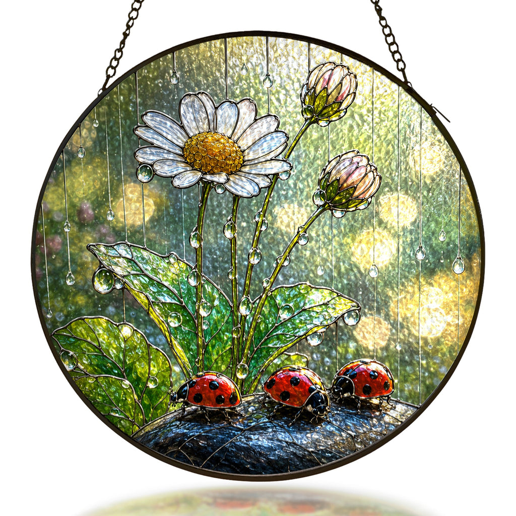 Ladybugs and white daisy in the rain stained glass suncatcher