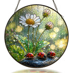 Ladybugs and white daisy in the rain stained glass suncatcher