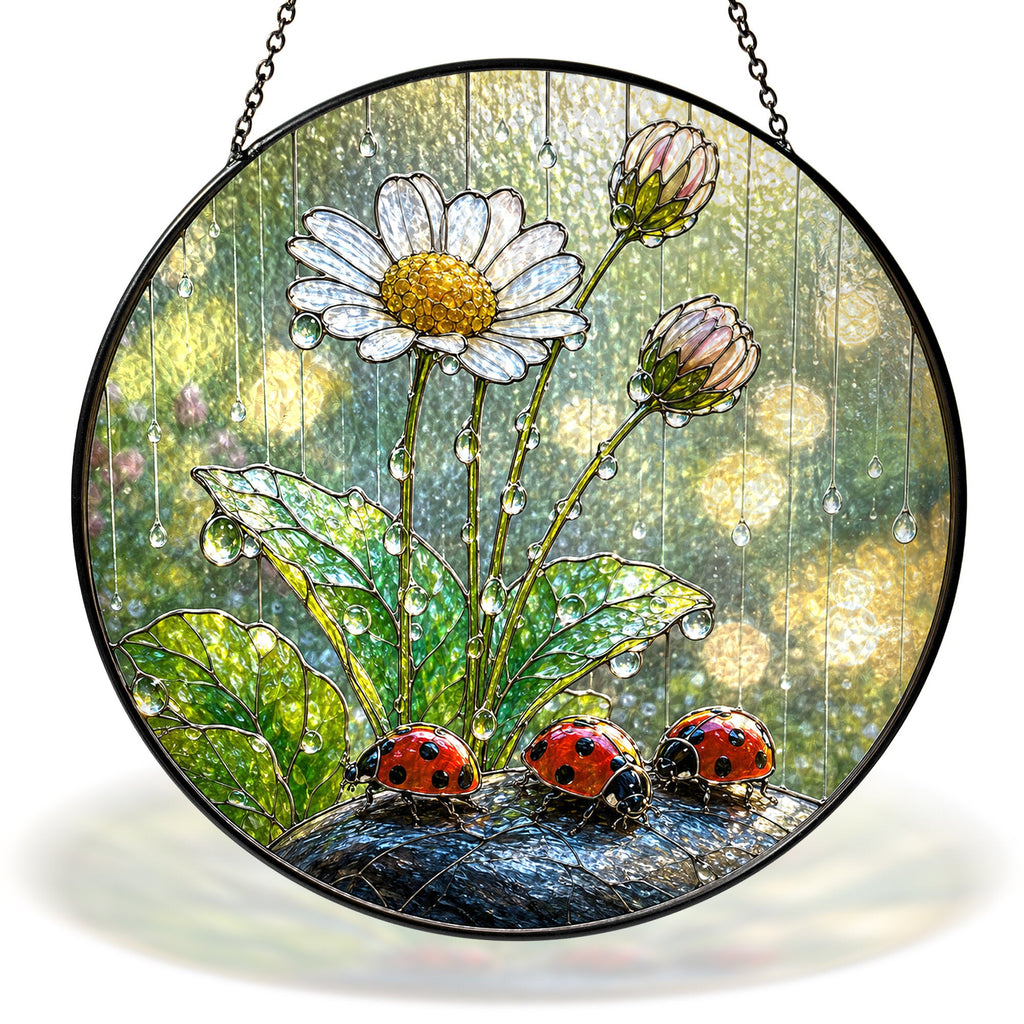 Ladybugs & Daisy Rain Stained Glass Suncatcher