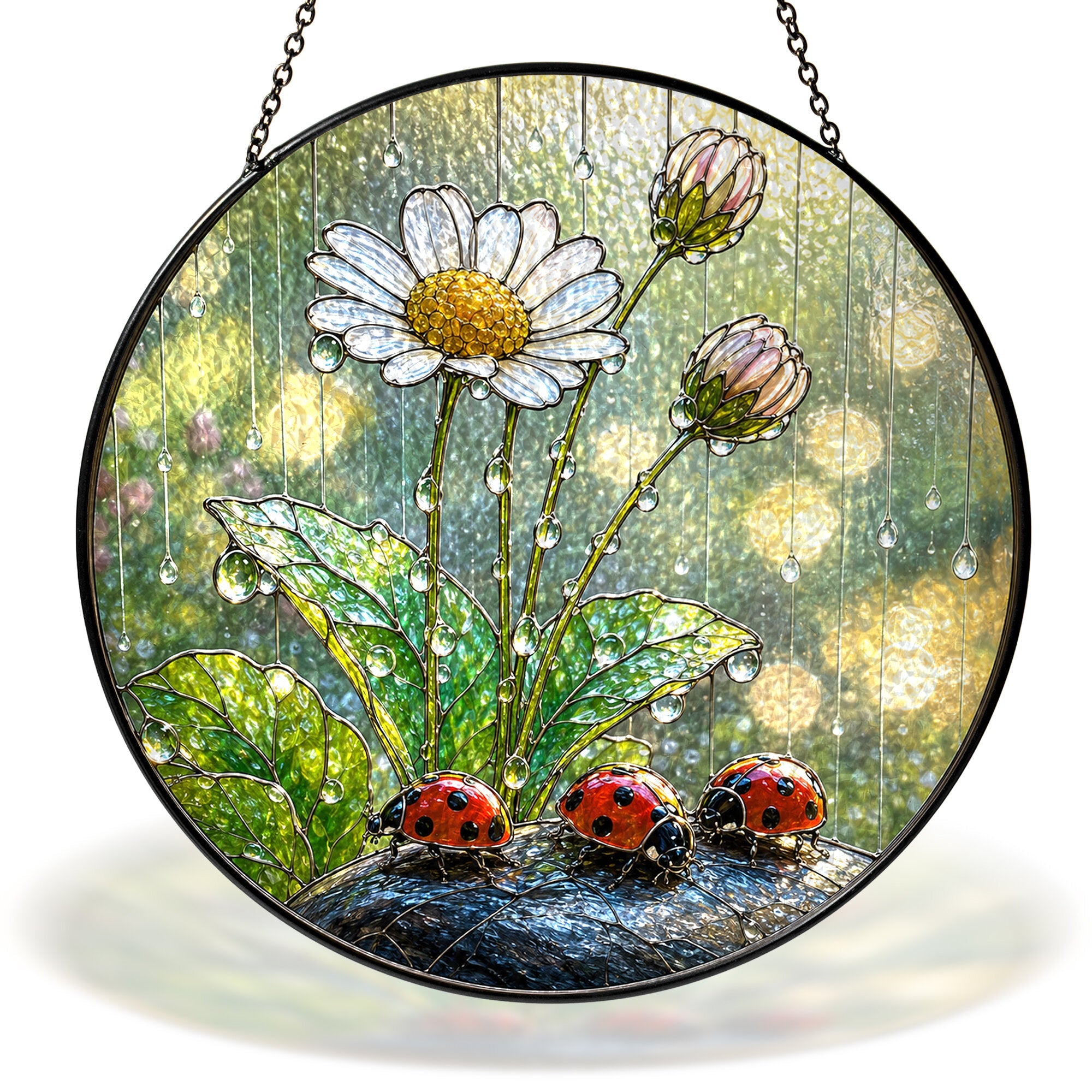 Ladybugs & Daisy Rain Stained Glass Suncatcher