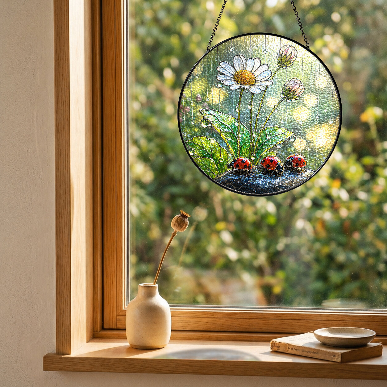 Ladybugs & Daisy Rain Stained Glass Suncatcher