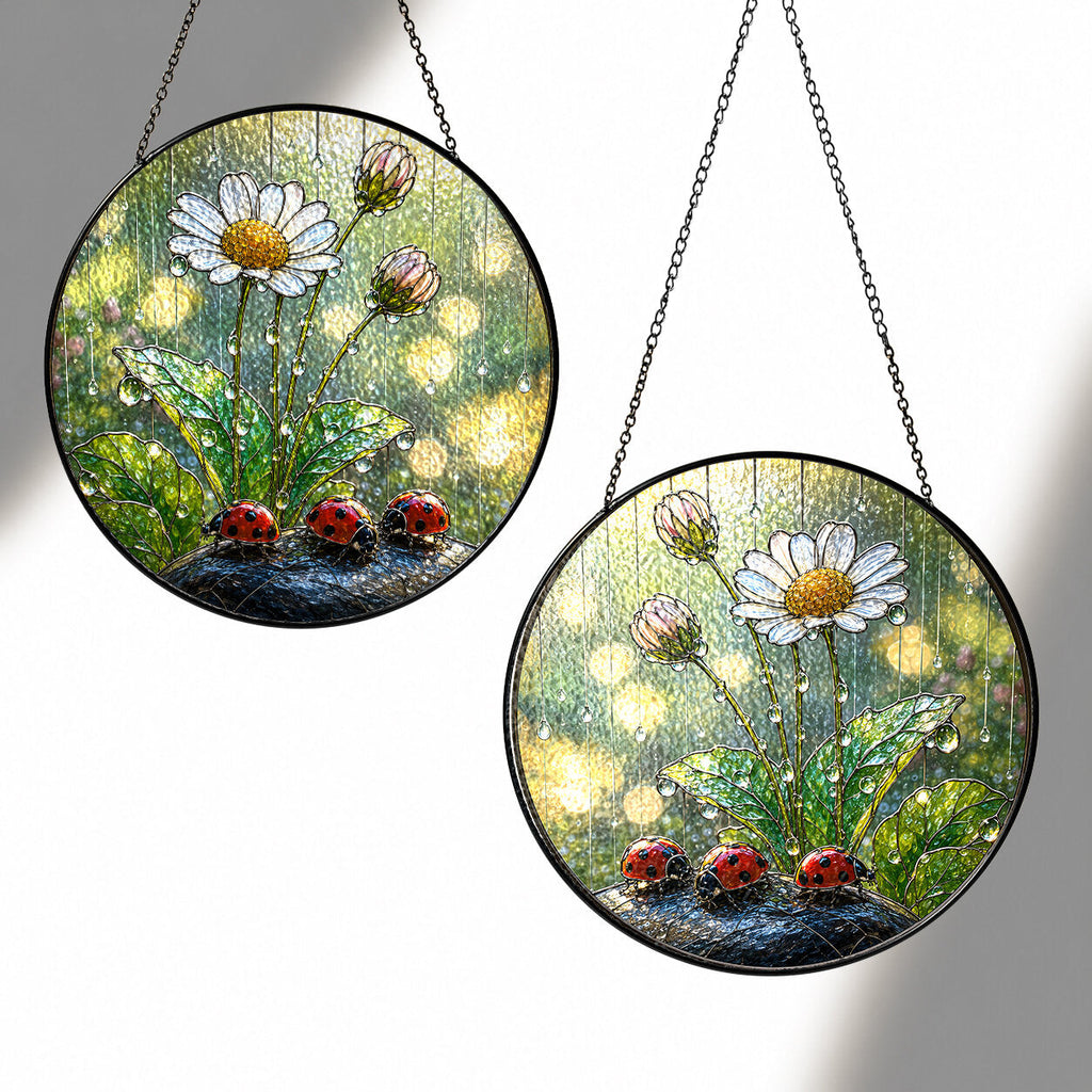 Ladybugs & Daisy Rain Stained Glass Suncatcher
