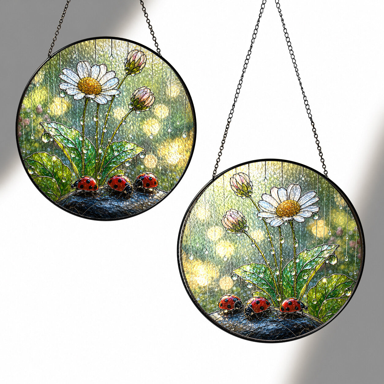 Ladybugs & Daisy Rain Stained Glass Suncatcher