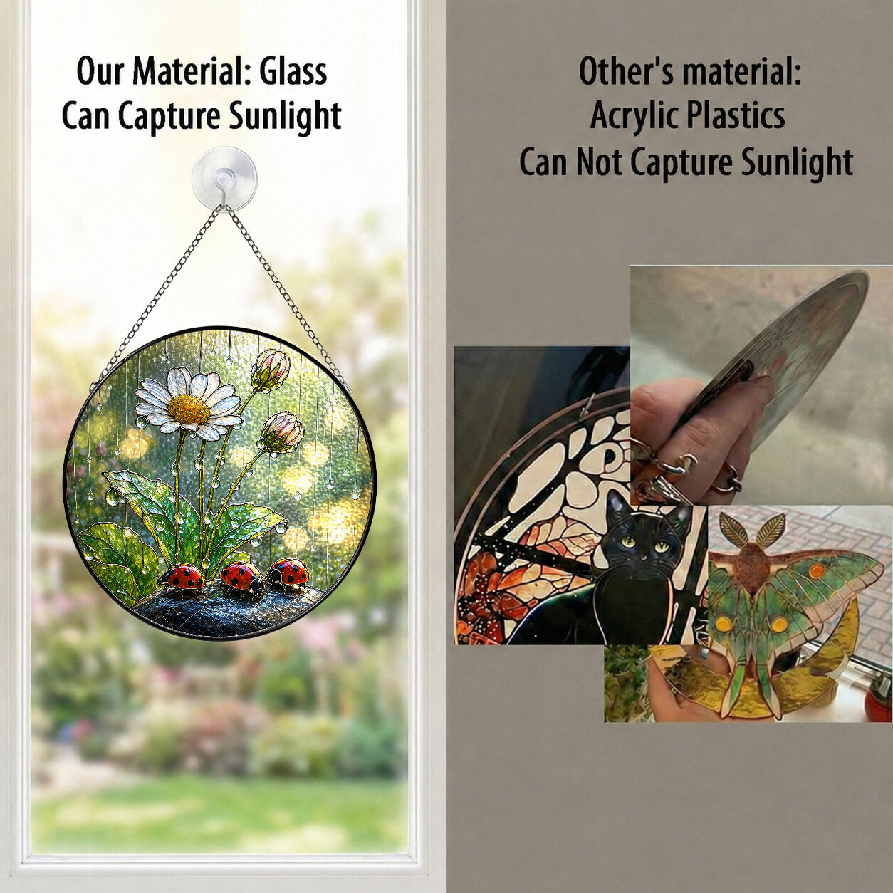 Ladybugs & Daisy Rain Stained Glass Suncatcher