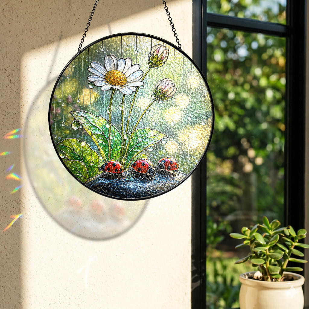 Ladybugs & Daisy Rain Stained Glass Suncatcher