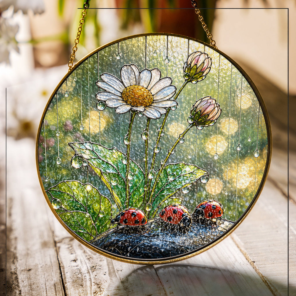 Ladybugs & Daisy Rain Stained Glass Suncatcher