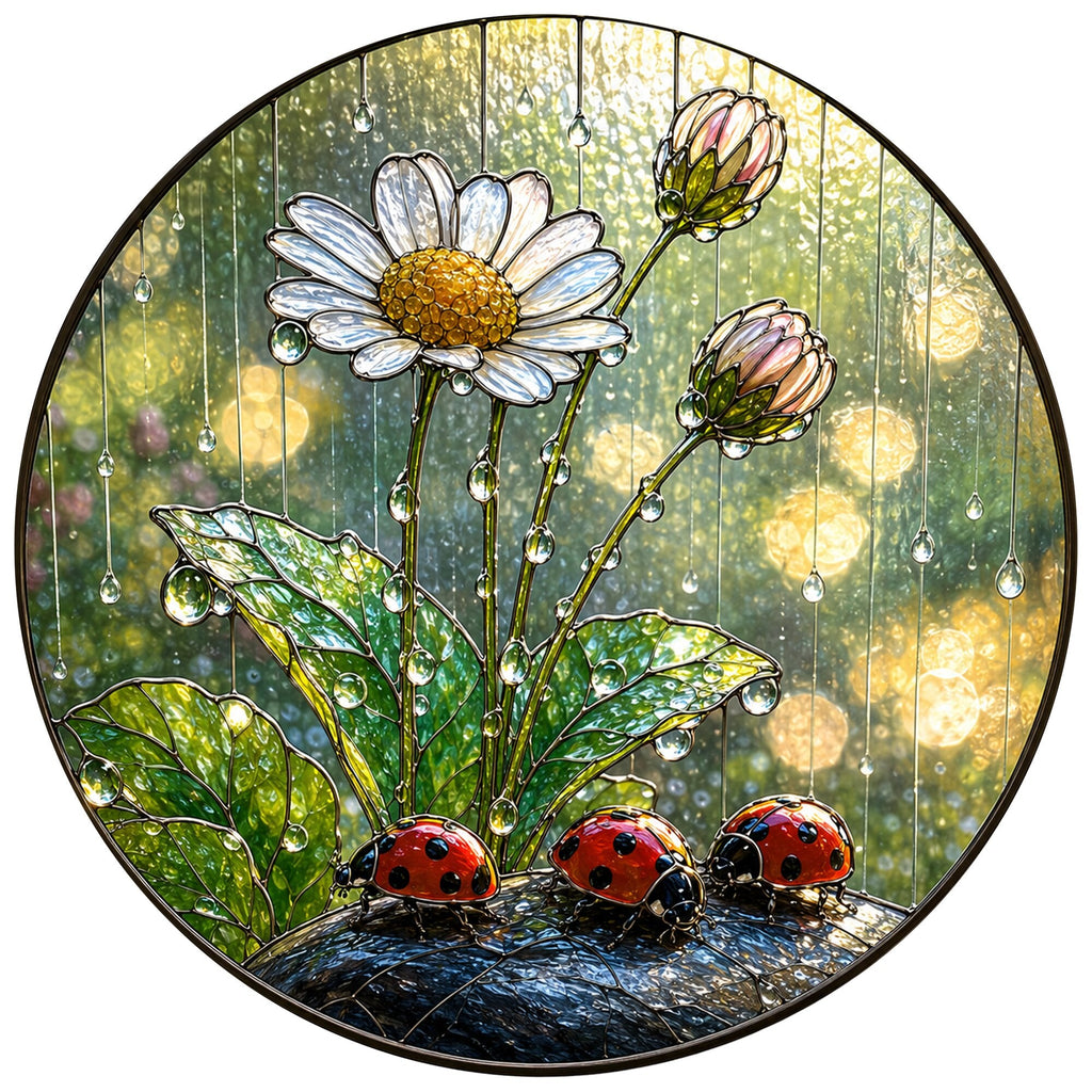 Ladybugs & Daisy Rain Stained Glass Suncatcher