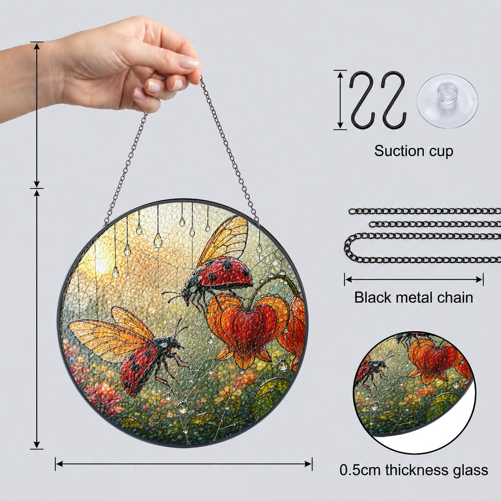 Ladybugs and bleeding heart flower stained glass suncatcher