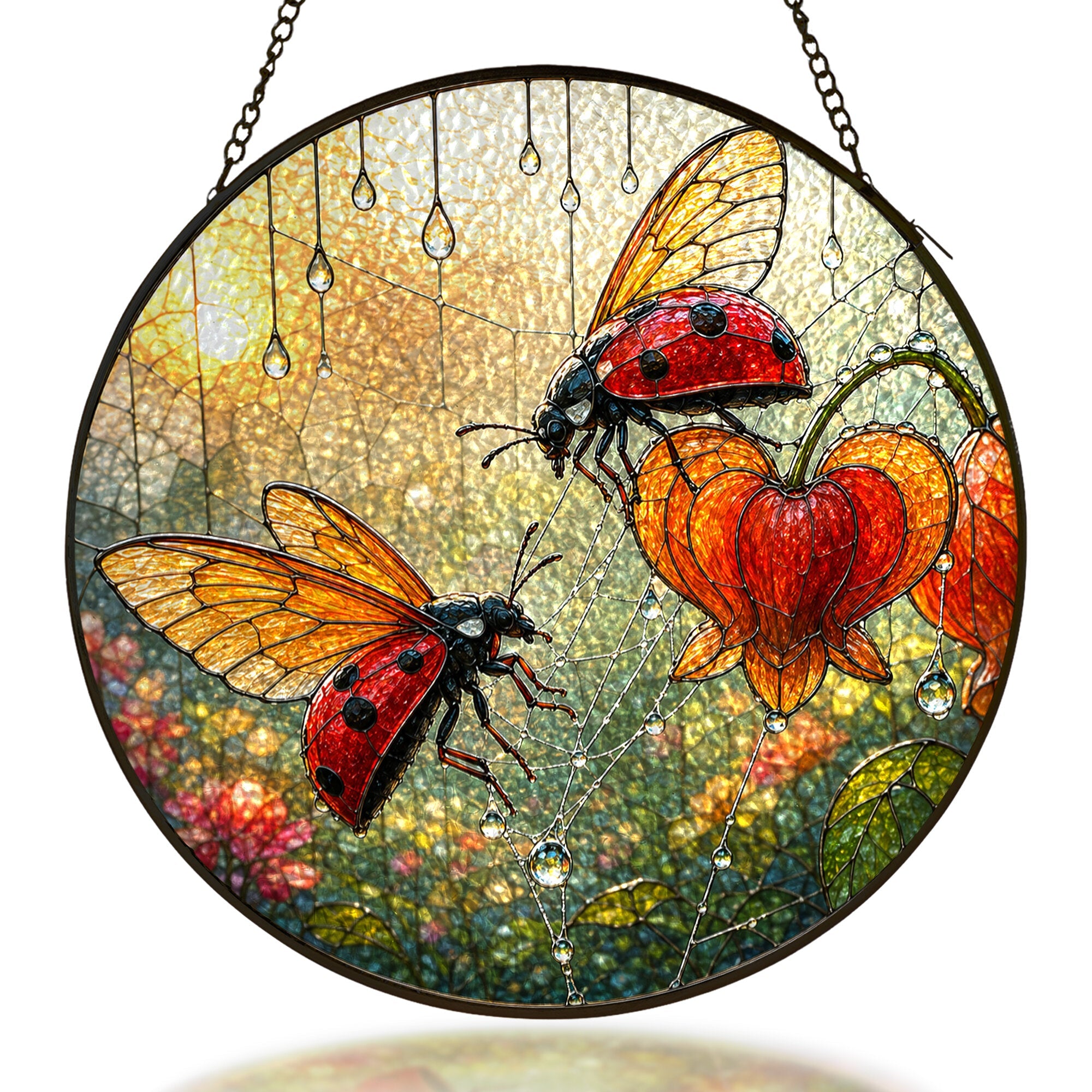 Ladybugs & Bleeding Heart Stained Glass Suncatcher