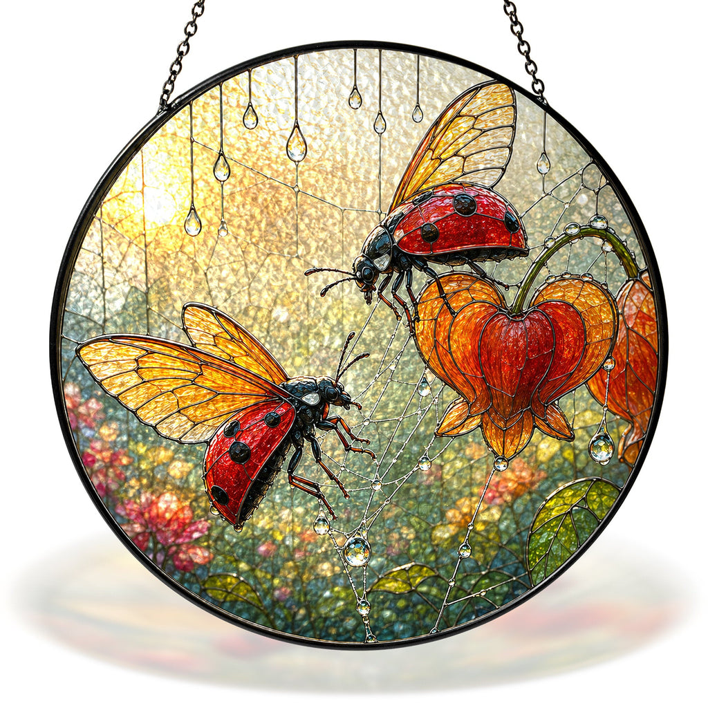 Ladybugs & Bleeding Heart Stained Glass Suncatcher