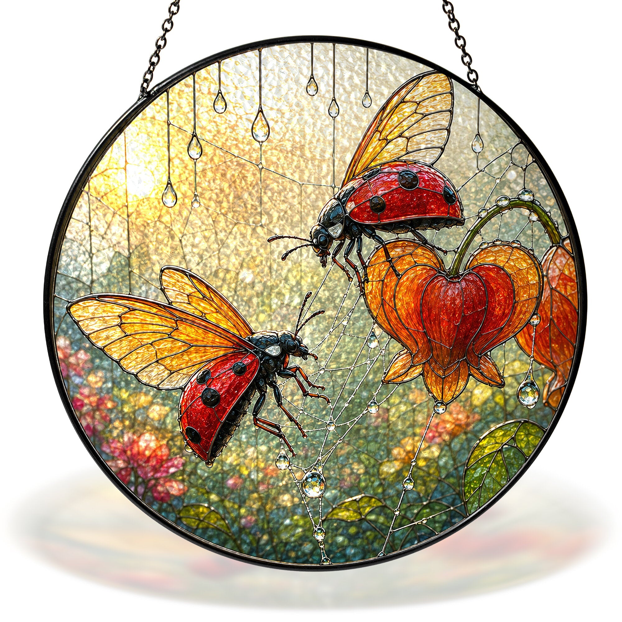 Ladybugs & Bleeding Heart Stained Glass Suncatcher