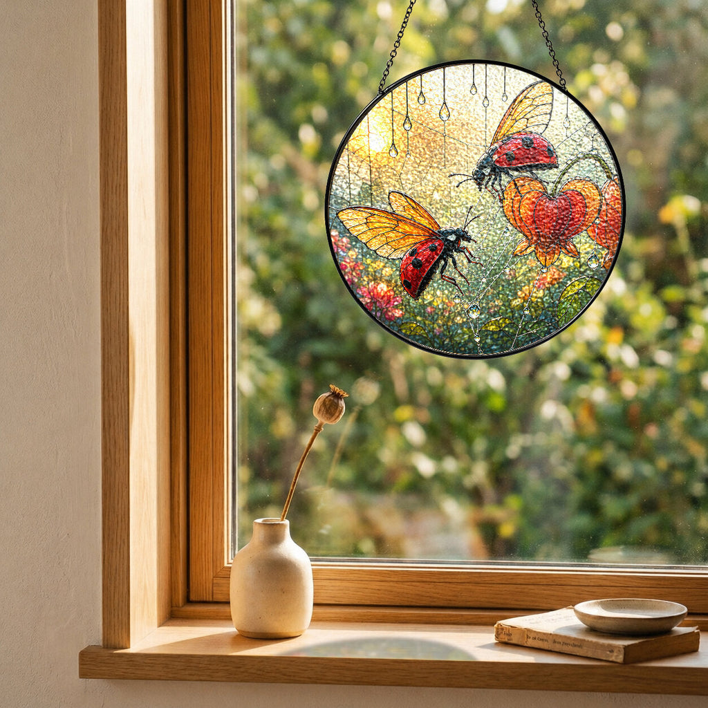Ladybugs & Bleeding Heart Stained Glass Suncatcher