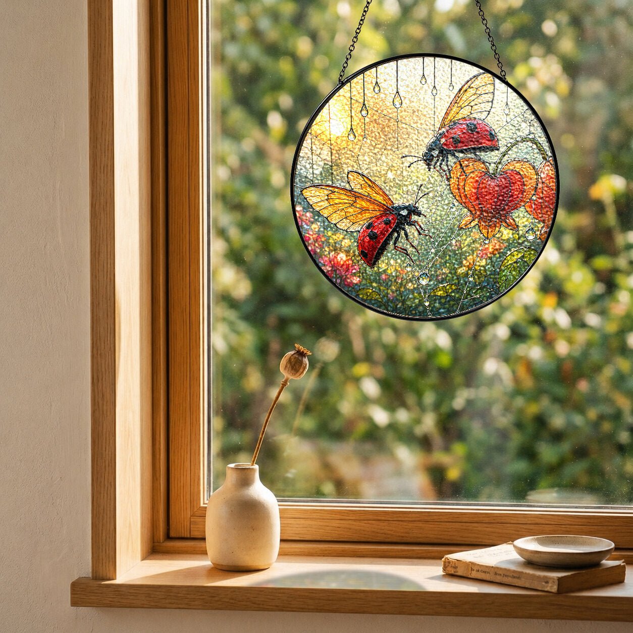 Ladybugs & Bleeding Heart Stained Glass Suncatcher