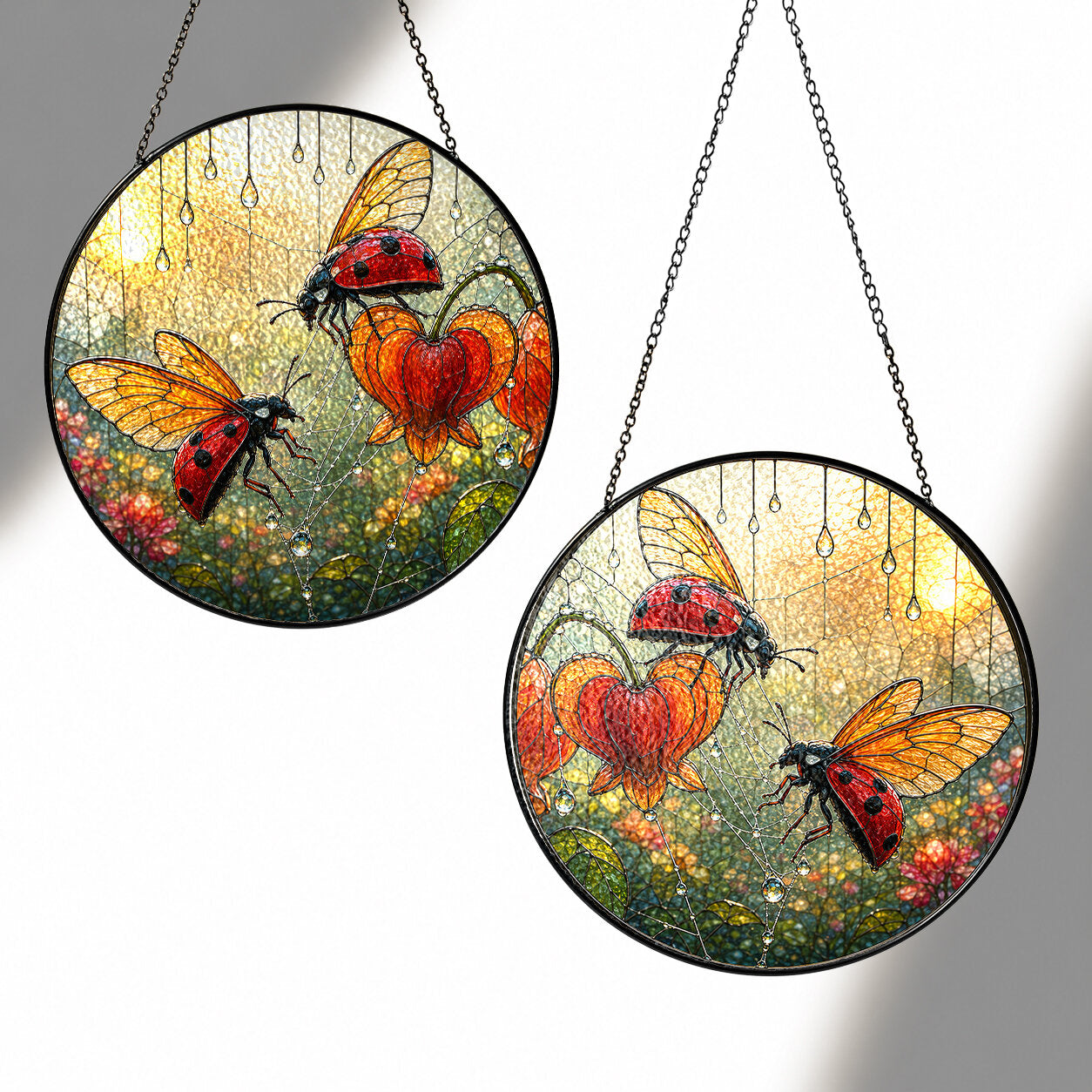Ladybugs & Bleeding Heart Stained Glass Suncatcher