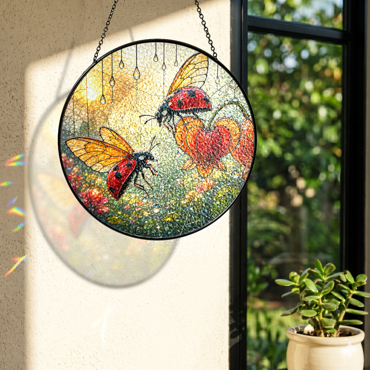 Ladybugs & Bleeding Heart Stained Glass Suncatcher