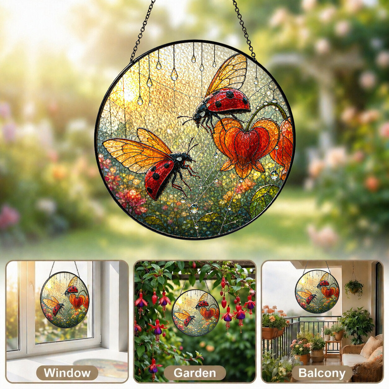 Ladybugs & Bleeding Heart Stained Glass Suncatcher
