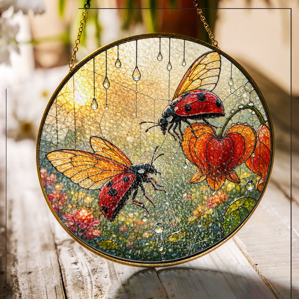 Ladybugs & Bleeding Heart Stained Glass Suncatcher