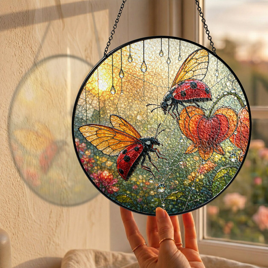 Ladybugs & Bleeding Heart Stained Glass Suncatcher