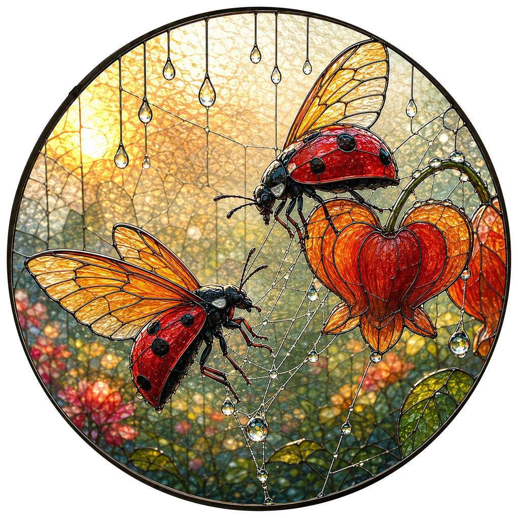 Ladybugs & Bleeding Heart Stained Glass Suncatcher