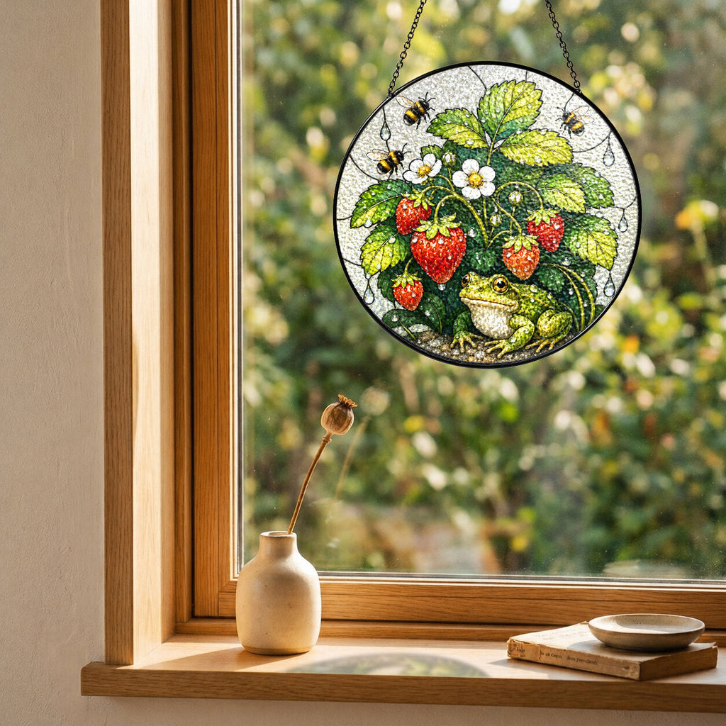 Frog & Strawberry Patch Stained Glass Suncatcher