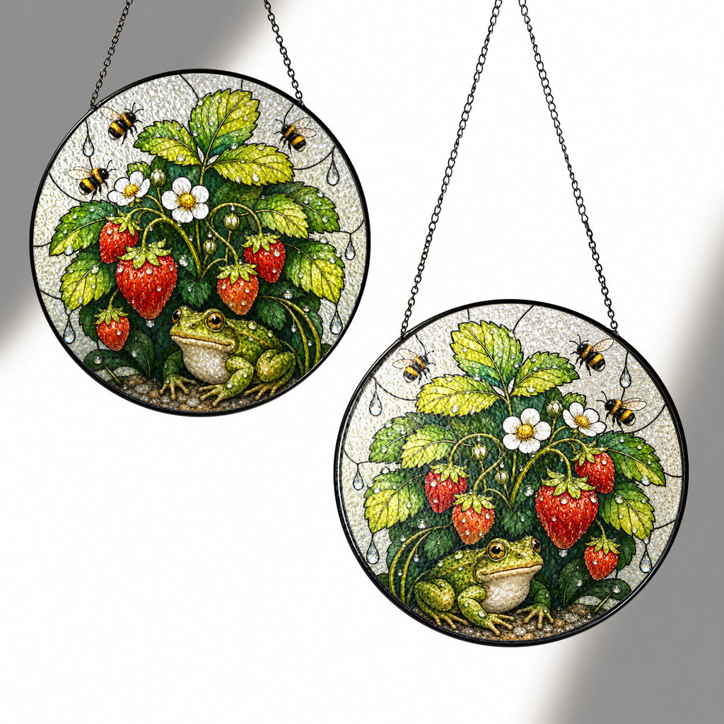 Frog & Strawberry Patch Stained Glass Suncatcher