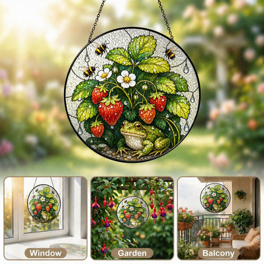 Frog & Strawberry Patch Stained Glass Suncatcher