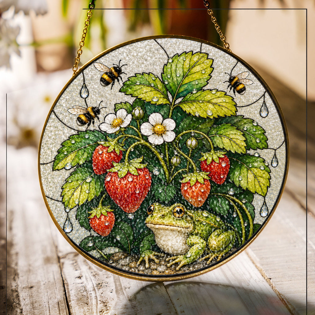 Frog & Strawberry Patch Stained Glass Suncatcher