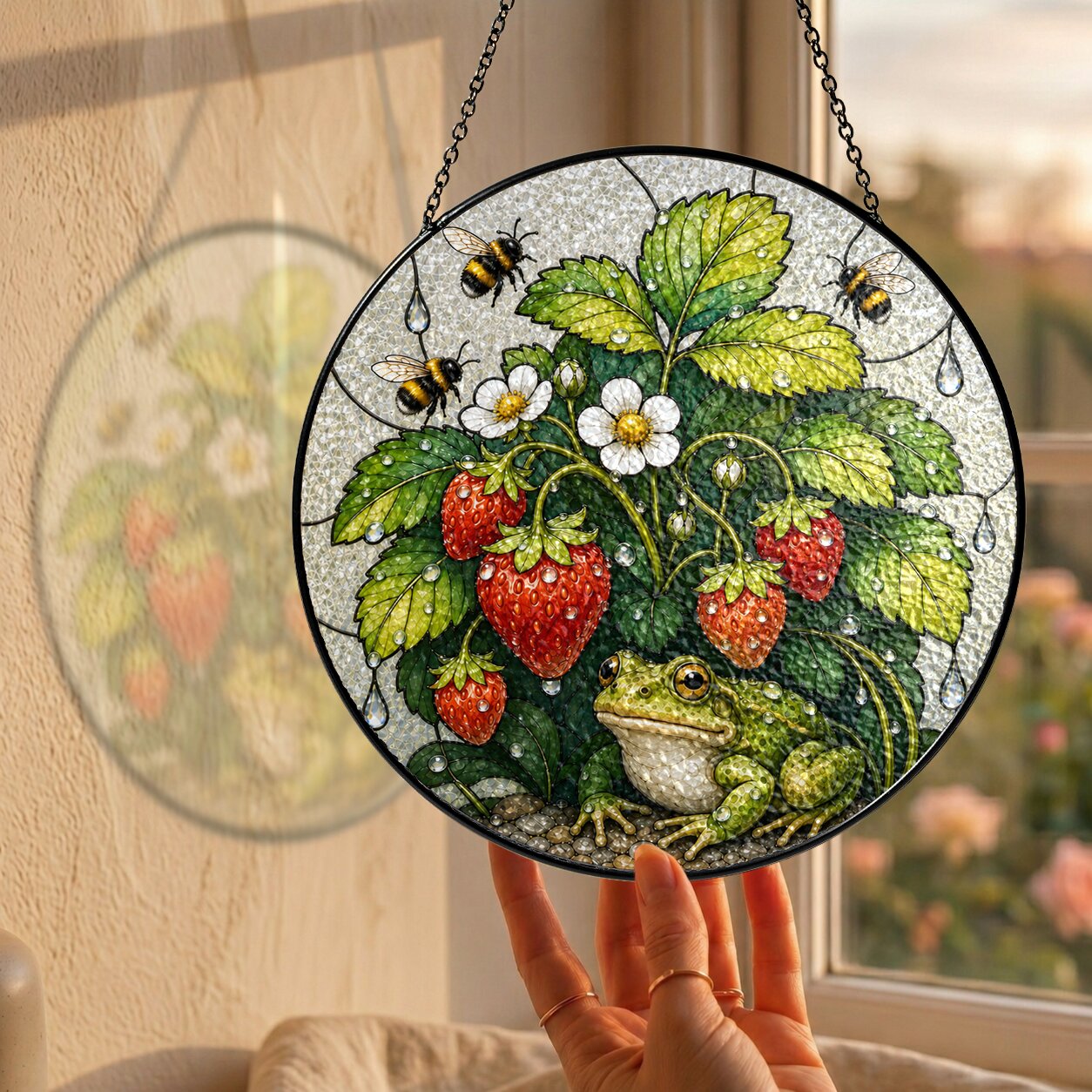 Frog & Strawberry Patch Stained Glass Suncatcher