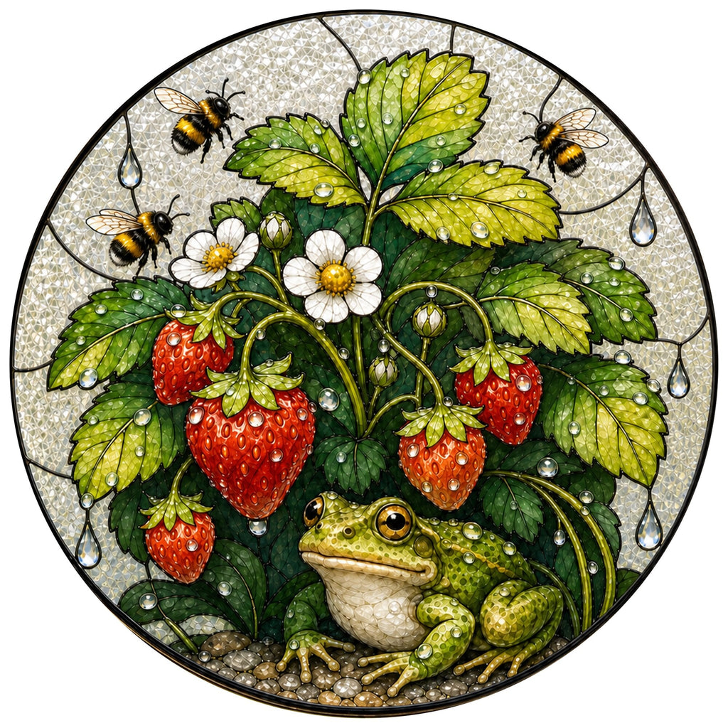 Frog & Strawberry Patch Stained Glass Suncatcher