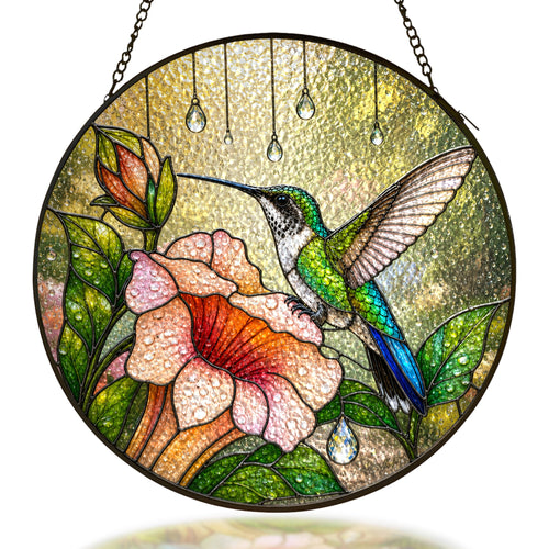 Hummingbird and pink trumpet flower stained glass suncatcher