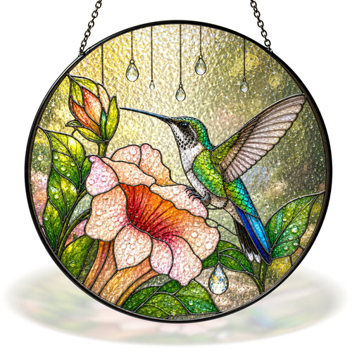 Hummingbird & Trumpet Flower Stained Glass Suncatcher