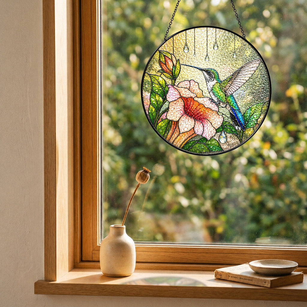 Hummingbird & Trumpet Flower Stained Glass Suncatcher