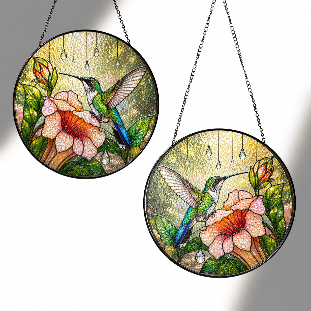 Hummingbird & Trumpet Flower Stained Glass Suncatcher