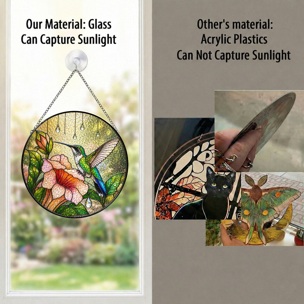 Hummingbird & Trumpet Flower Stained Glass Suncatcher