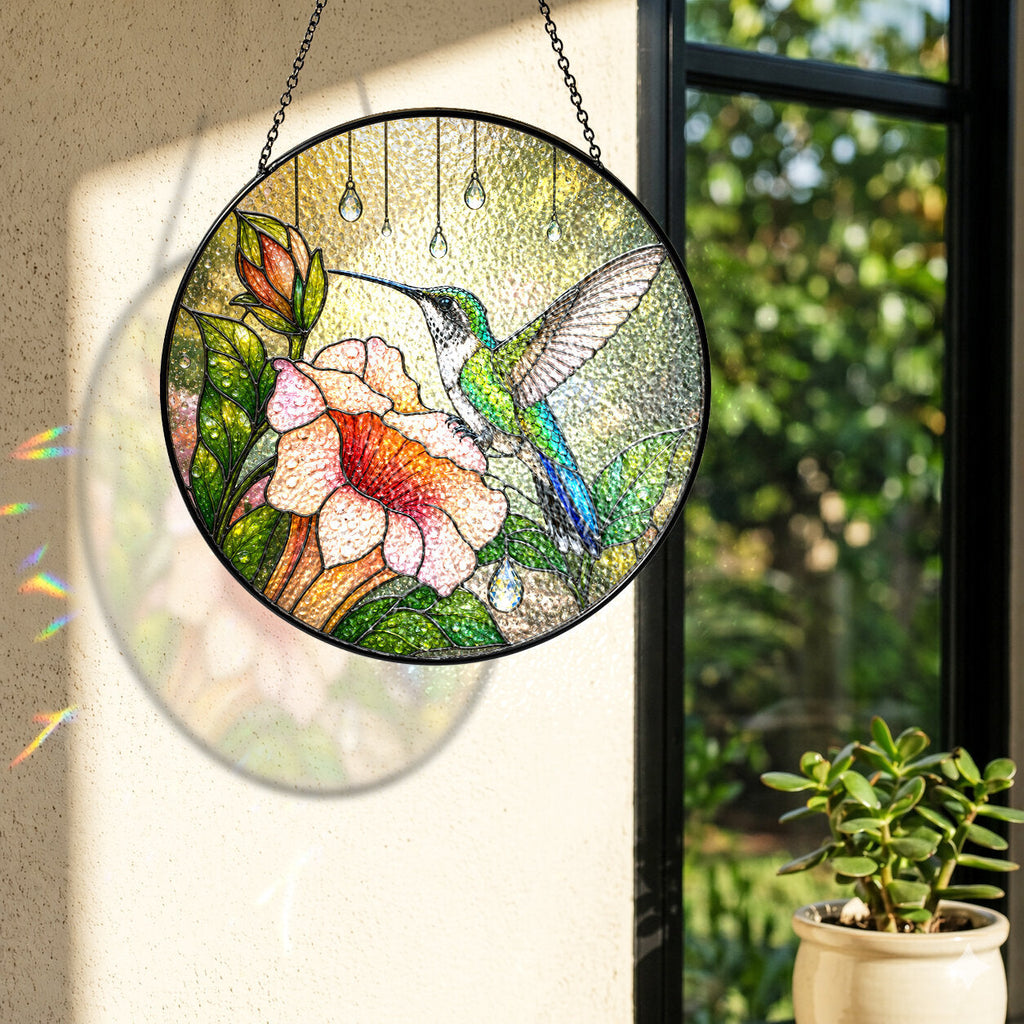Hummingbird & Trumpet Flower Stained Glass Suncatcher