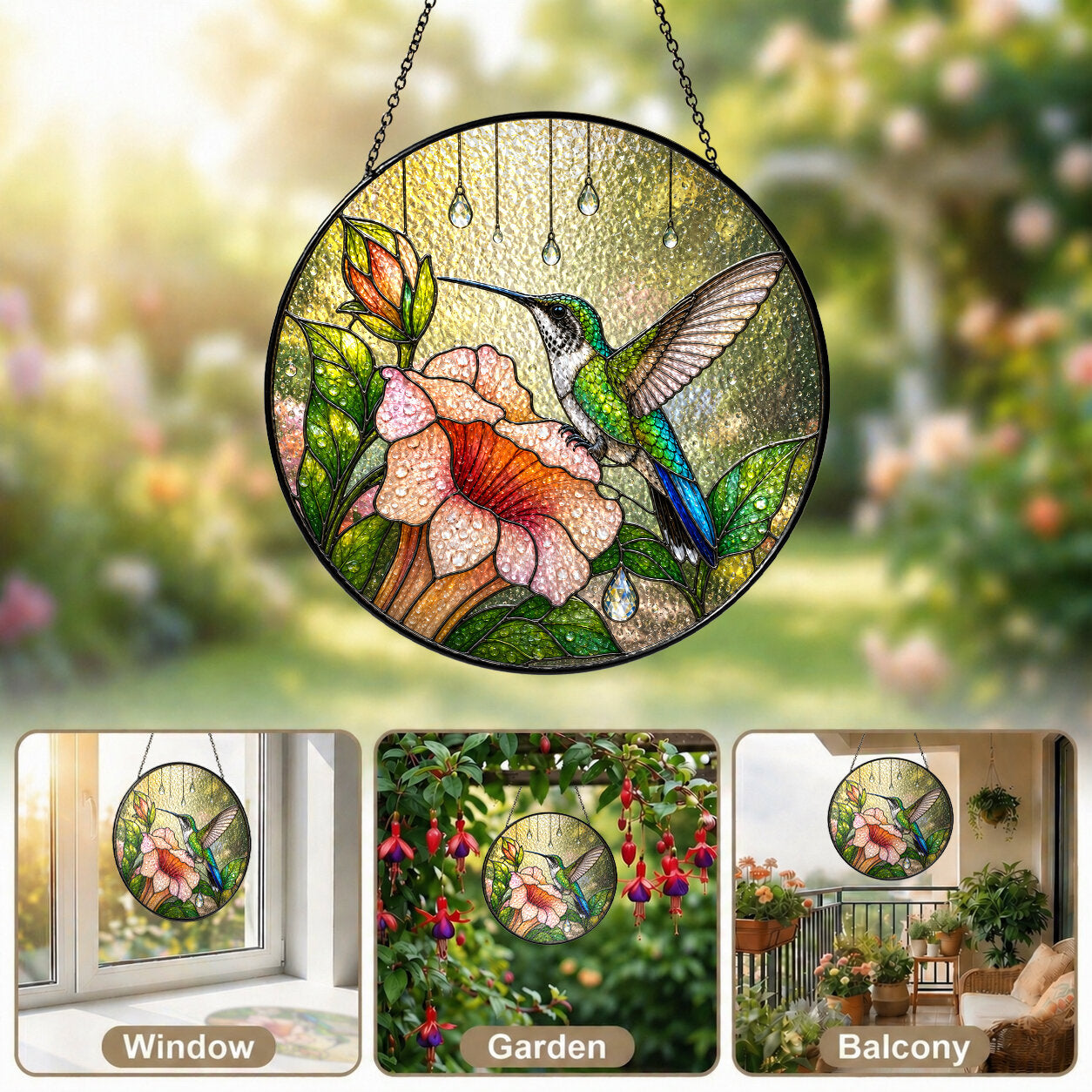 Hummingbird & Trumpet Flower Stained Glass Suncatcher