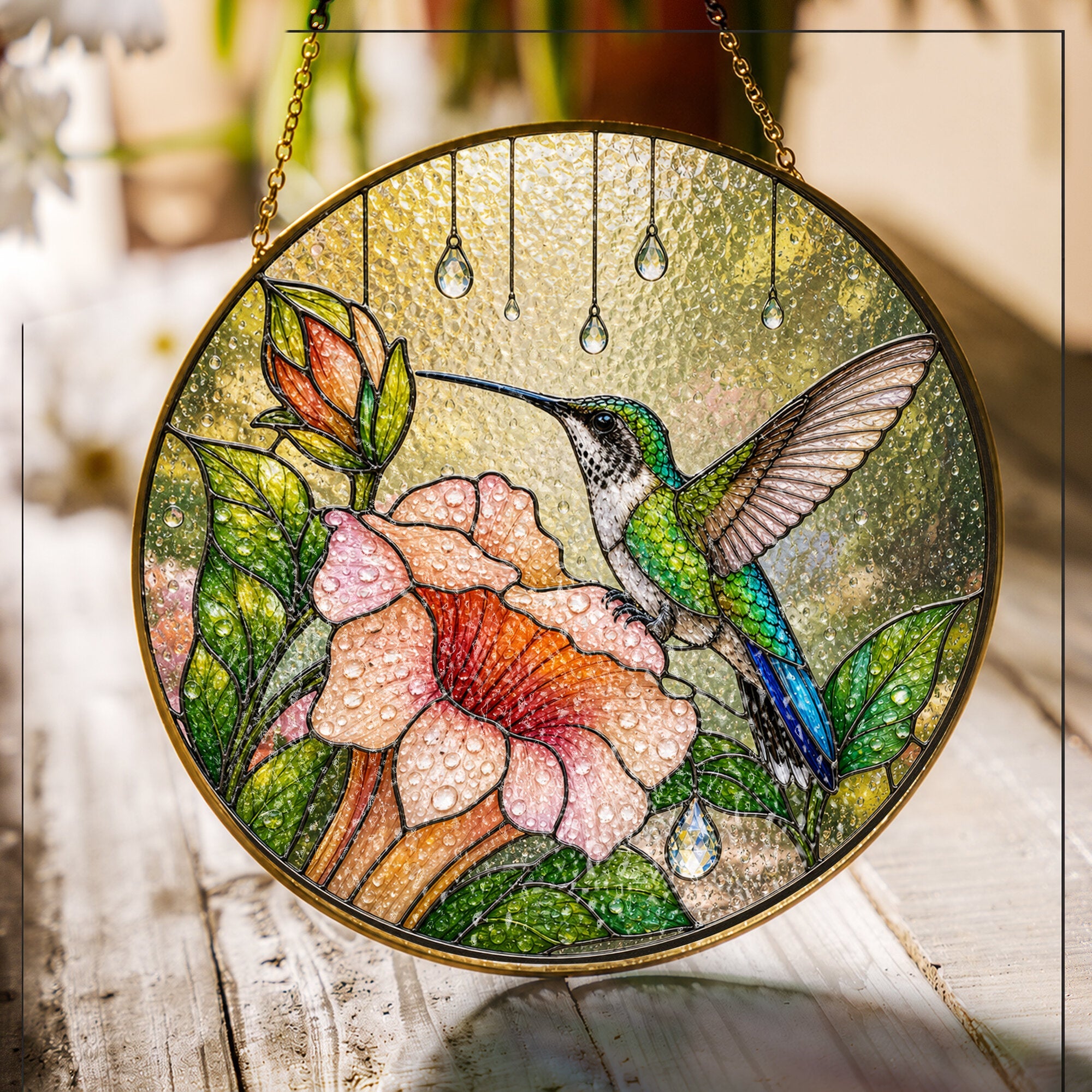 Hummingbird & Trumpet Flower Stained Glass Suncatcher