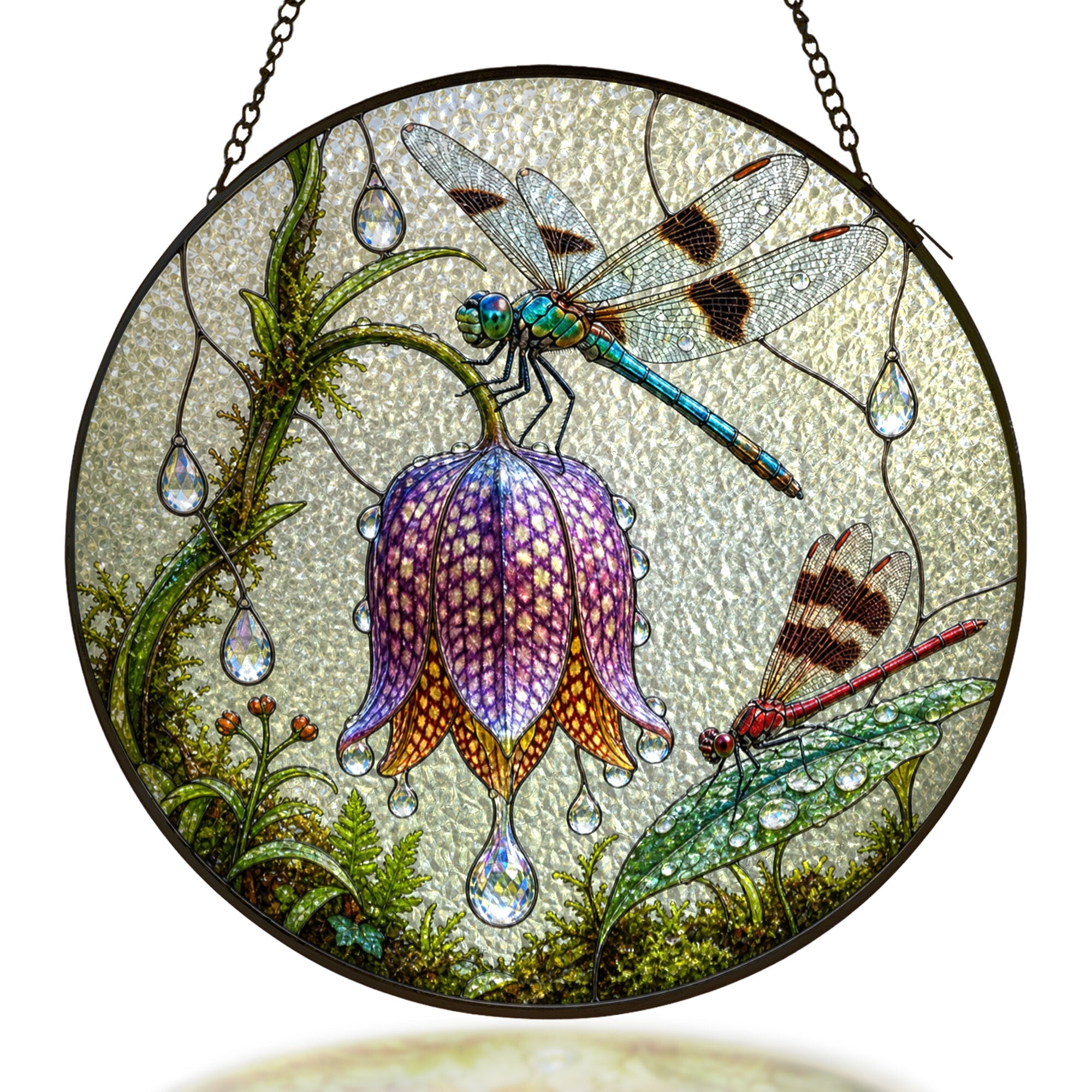 Dragonflies and fritillary flower stained glass suncatcher