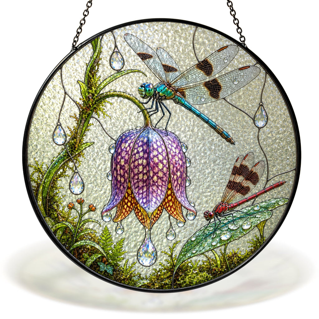 Dragonflies & Fritillary Bloom Stained Glass Suncatcher
