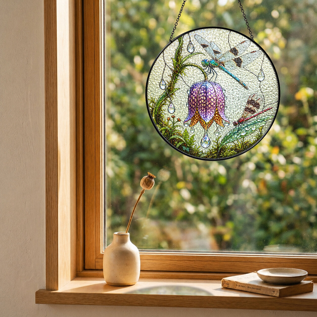 Dragonflies & Fritillary Bloom Stained Glass Suncatcher