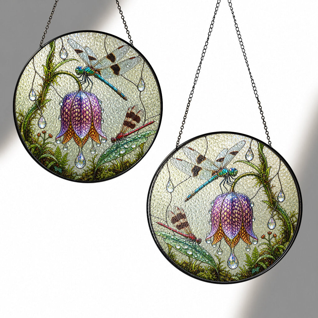 Dragonflies & Fritillary Bloom Stained Glass Suncatcher
