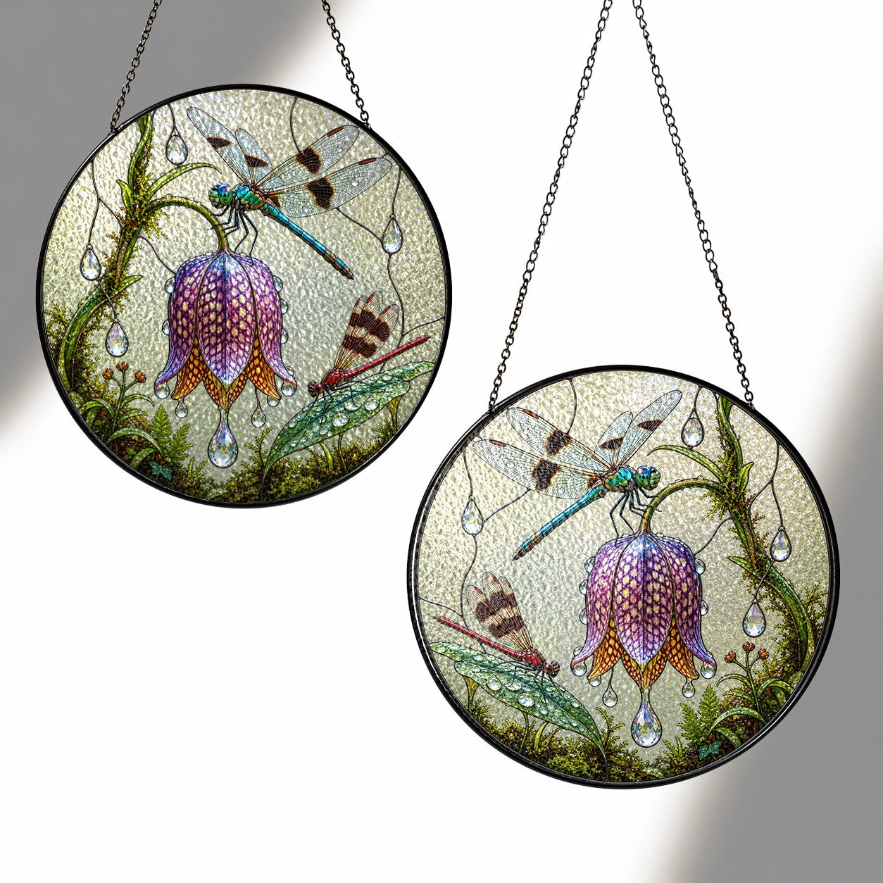 Dragonflies & Fritillary Bloom Stained Glass Suncatcher